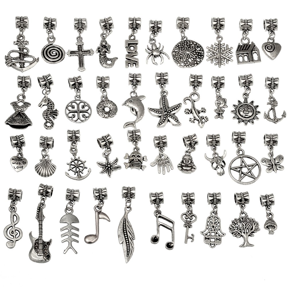 RUBYCA 120Pcs Tibetan Silver Color Connector Bails Mix Beads with Pendant fit Charm Bracelet 502