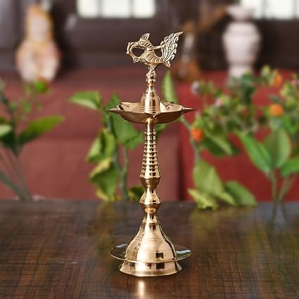 Collectible India Brass Peacock Mahabharat Diya Oil Lamp (Golden, 10.5 X 3.5 Inch)