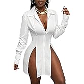 KWSTAIN Womens Shirt Dress Button Down Long Sleeve Collar V Neck Sexy Slit Casual Loose Blouses Tops Mini Dresses for Women