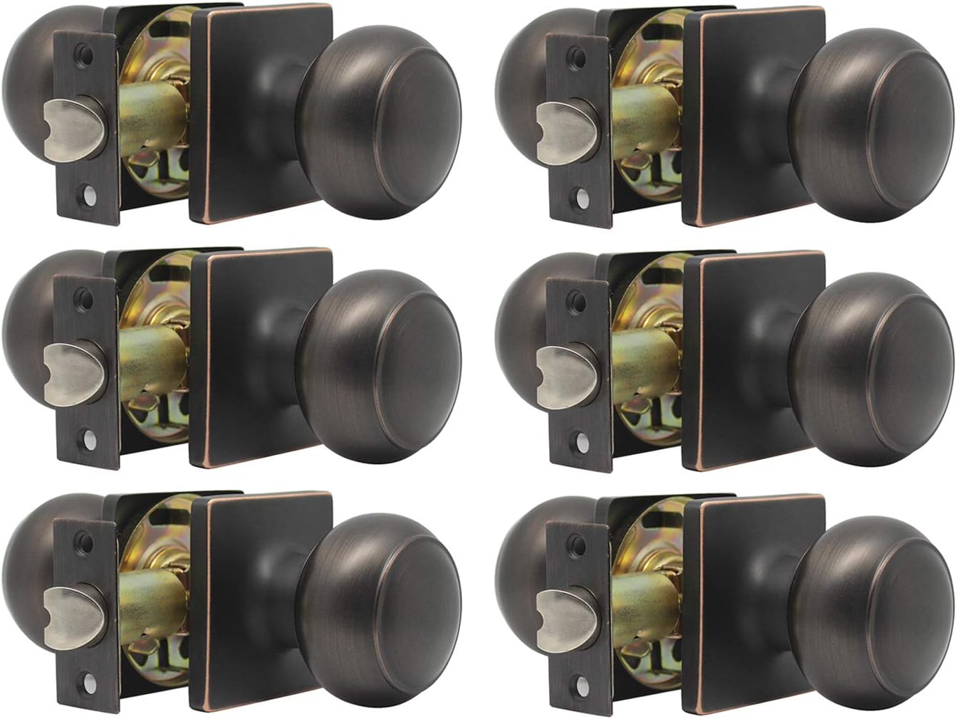 6 Pack Oil Rubbed Bronze Passage Door Knobs with Square Rosette, Modern