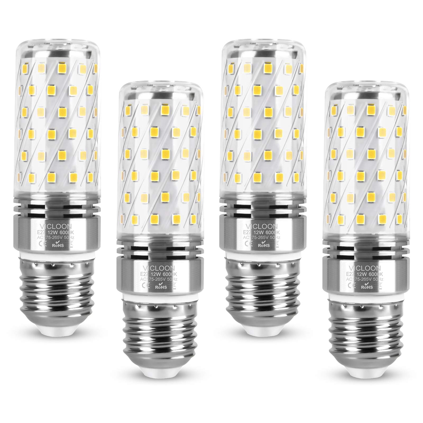 Vicloon E27 LED Corn Bulbs, 4 Pcs E27 LED Light Bulbs 12W Equivalent to 100W Halogen Bulbs, 6000K White, 1400lm No Flicker No Dimmable, AC 175-265V