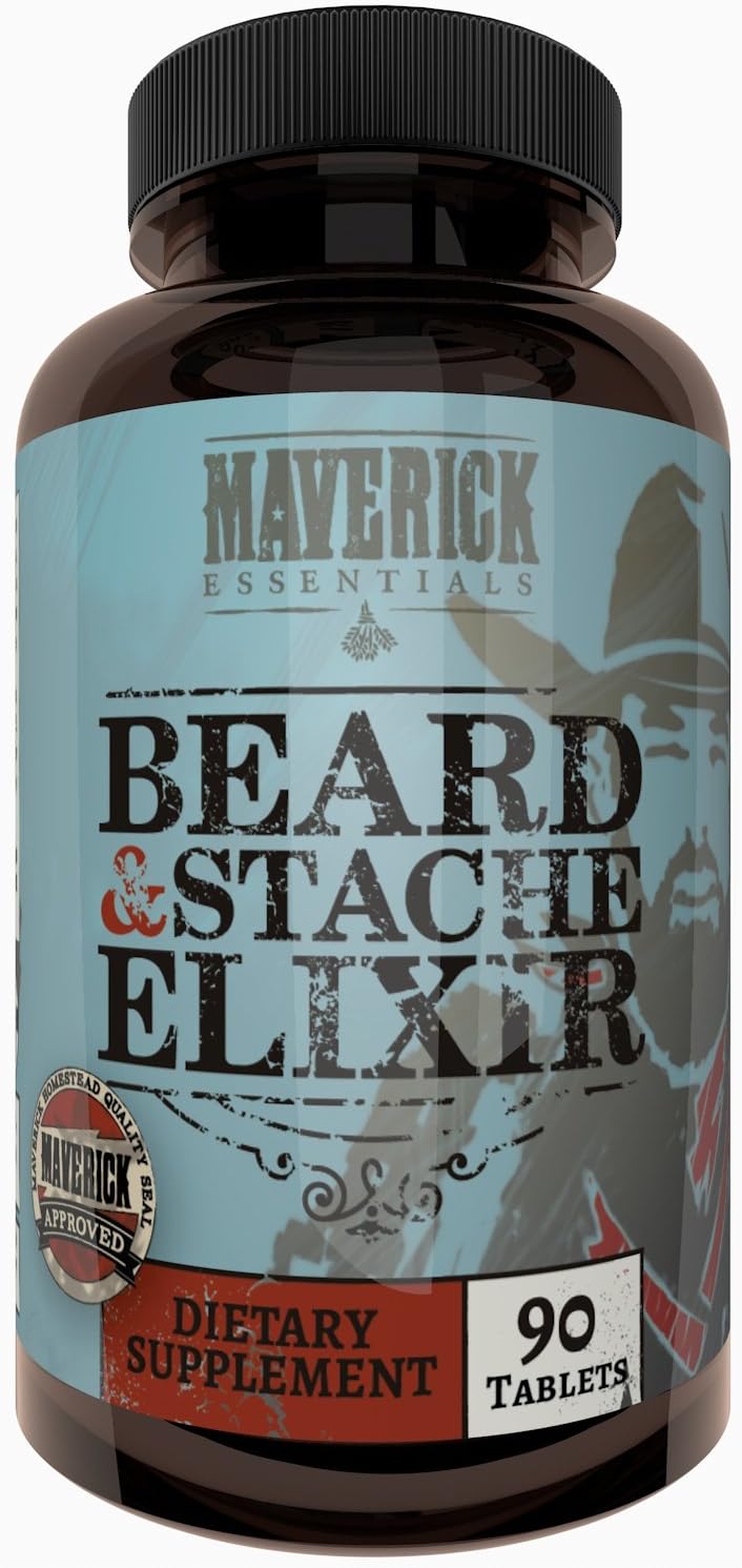 Maverick Essentials Beard + Mustache Elixer - 90 Count - Thicker, Fuller, Faster Hair Growth Supplement