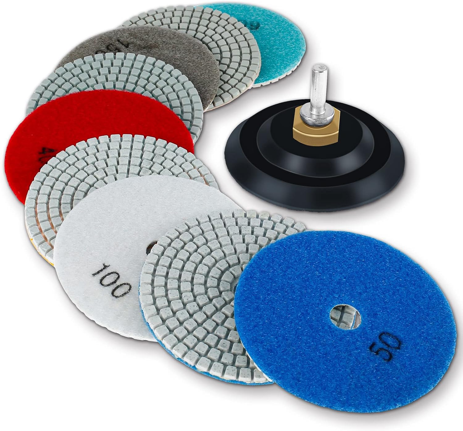 11Pcs Diamond Polishing Pads Set, 4 Inch Wet/Dry Polishing Pads Kit, 50-6000 Grit Polishing Pads with Backer Pad and Shank Set for Granite, Stone, Concrete, Marble,Polishing