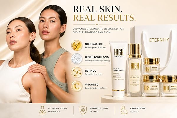 HIGH COSMETIC AGENCY ETERNITY 5-STEP ANTI-AGING SKINCARE SET – COMPLETE FACE CARE ROUTINE WITH CLEANSER, WRINKLE CORRECTING SERUM, EYE CREAM, DAY CREAM SPF 30 & NIGHT CREAM | LUXURY SKINCARE GIFT SET
