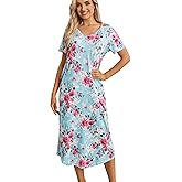 ENJOYNIGHT Womens Nightgown Short Sleeve Night Dress Long Sleepwear Gown with Pockets