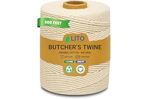 LITO LINEN AND TOWEL Organic Butcher’s Twine for Cooking & Trussing – 1.2mm Heavy-Duty Natural Cotton Kitchen Twine 500 Feet – Food-Safe, Oven-Safe String for Meat, Turkey, Baking, & Crafts