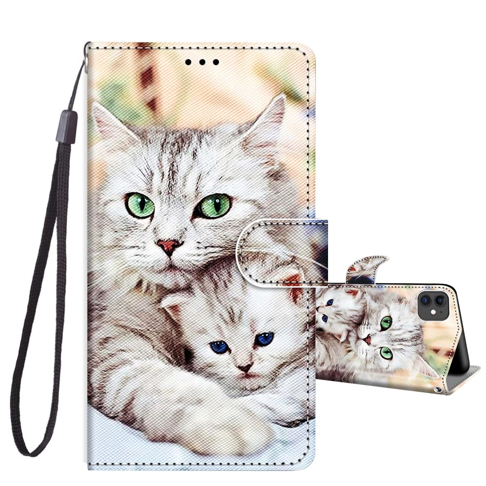 JRIANY for iPhone 11 Case, PU Leather iPhone 11 Wallet Case with Cute Pattern [Card Holder] [Kickstand], iPhone 11 Flip Case, Shockproof Cover Compatible with Apple iPhone 11, Cats D