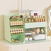 Makeup Organizer with Brush Holder for Vanity,Countertop Makeup Organizer with Drawers,Spacious Cosmetic Display Case,Perfect Storage Solution for Your Beauty Essential (Green, Large)