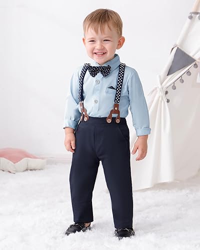 YALLET Toddler Baby Boy Clothes Suit Gentleman Outfits Formal Dress Shirt  Bowtie Suspender Pants Wedding P