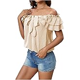 SweatyRocks Women's Off Shoulder Ruffle Trim Knot Front Blouse Tiered Layer Butterfly Short Sleeve Chiffon Tops Summer
