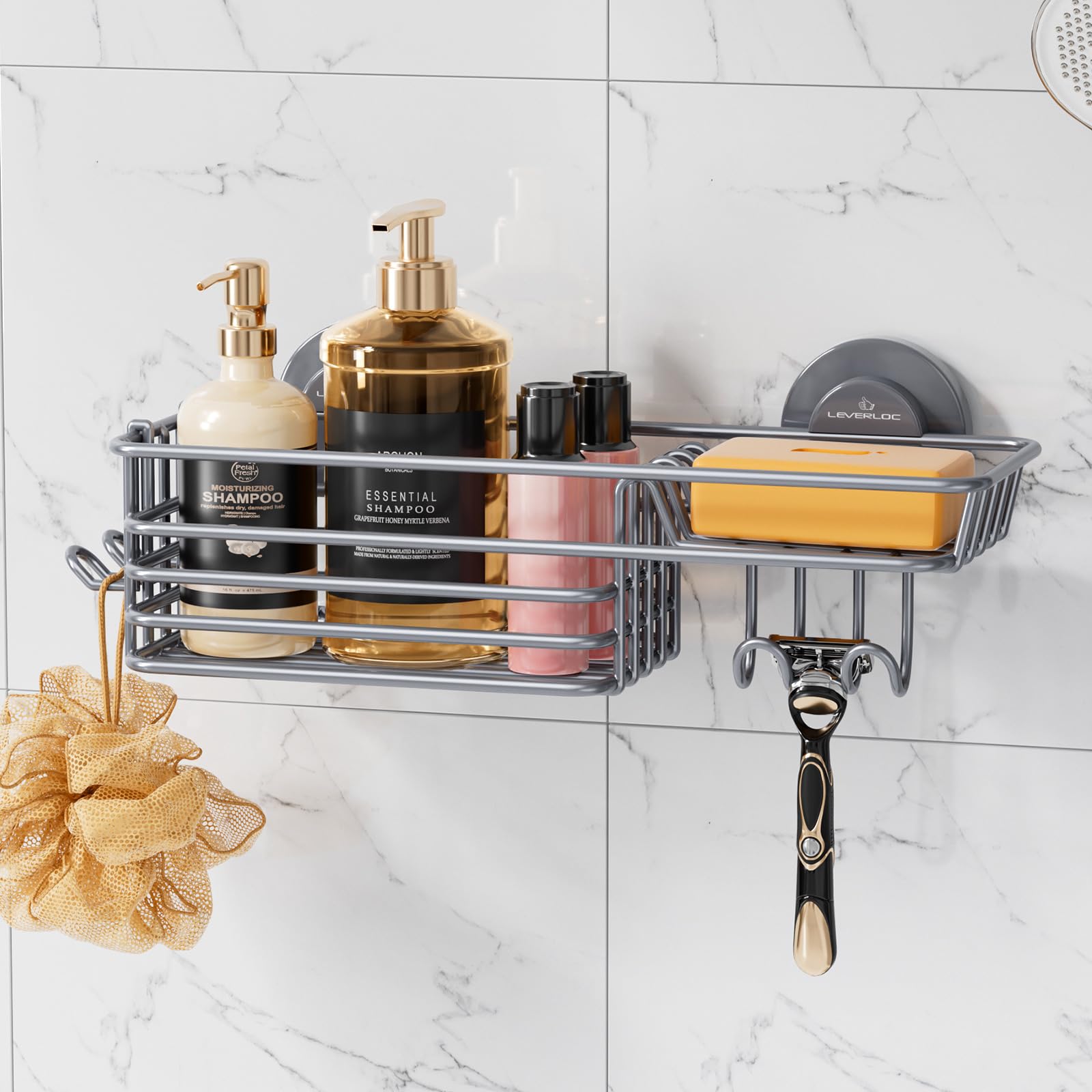 Photo 1 of LEVERLOC Shower Caddy Suction Cup, Heavy Duty Bathroom Organizer for Inside Shower with Hooks & Soap holder? NO-Drilling Bathroom Holder-Grey