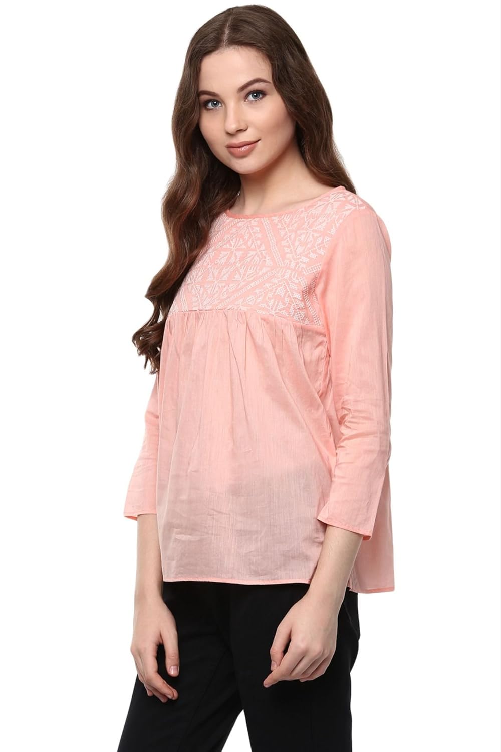 the vanca women's peach rayon top with embroidery