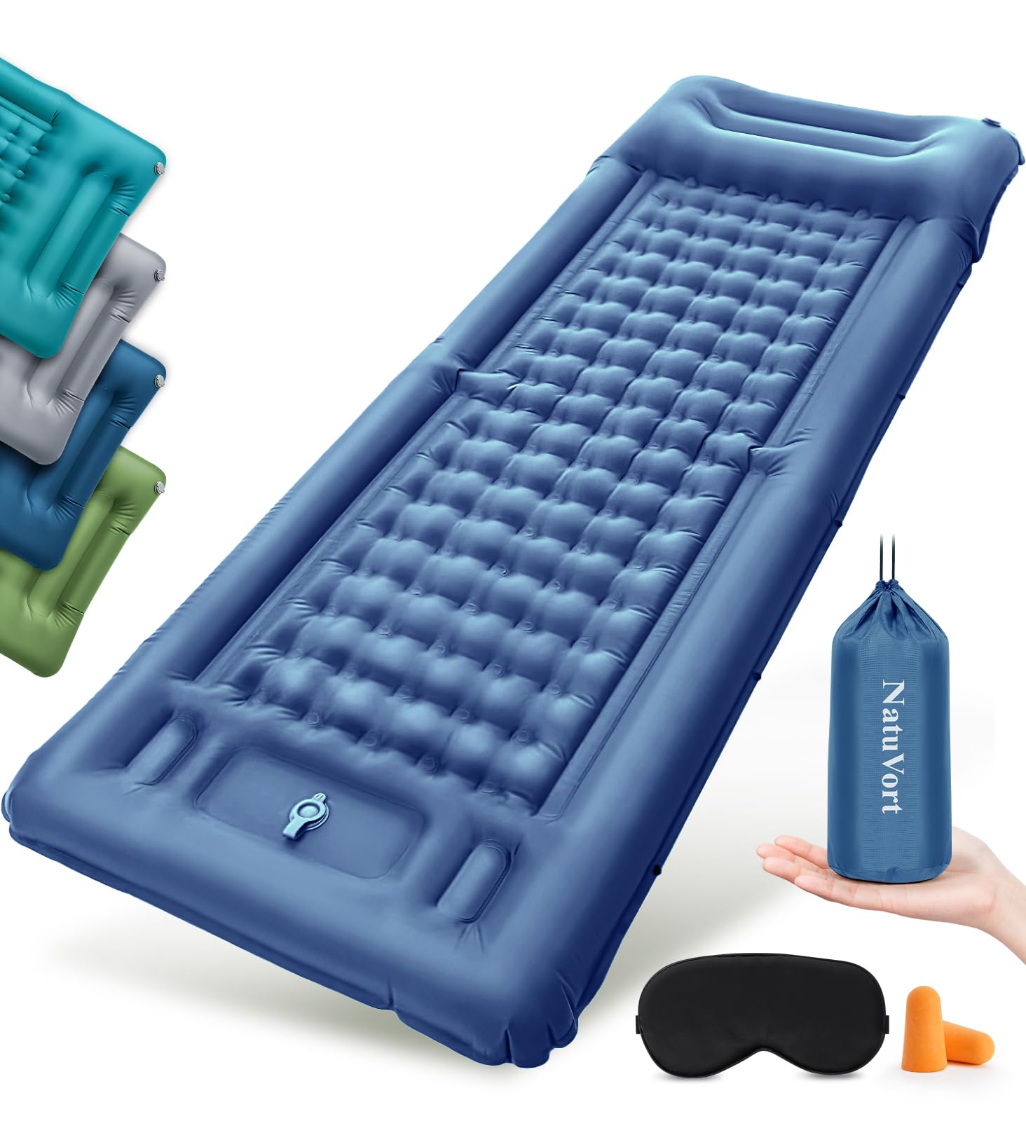 NatuVort Luftmatratze Camping Matratze 12CM mit Fußpumpe Isomatte Camping mit Integrierten Kopfkissen für Campin g, Wandern, Strand, Picknick,Navyblau