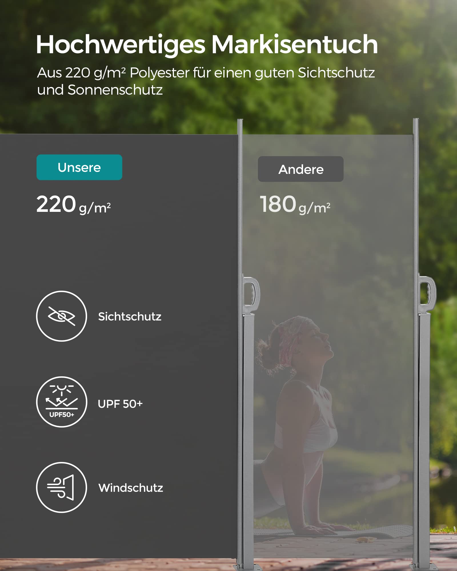 SONGMICS Seitenmarkise mit Stahl-Kasten, rostbeständig, ausziehbar, 160 x 350 cm, Windschutz, Sonnenschutz, Blickdicht, Seitenrollo, für Balkon, Terrasse, Garten, anthrazit GSA165G02 4