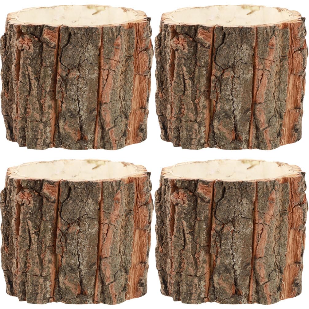 Yardwe Pack of 4 Wooden Bark Flower Pot, Tree Trunk Succulent Planter, Farmhouse Tree Stump Planter, Cactus Pot, Rustic Plant Pots Boxes, Bucket Barrel