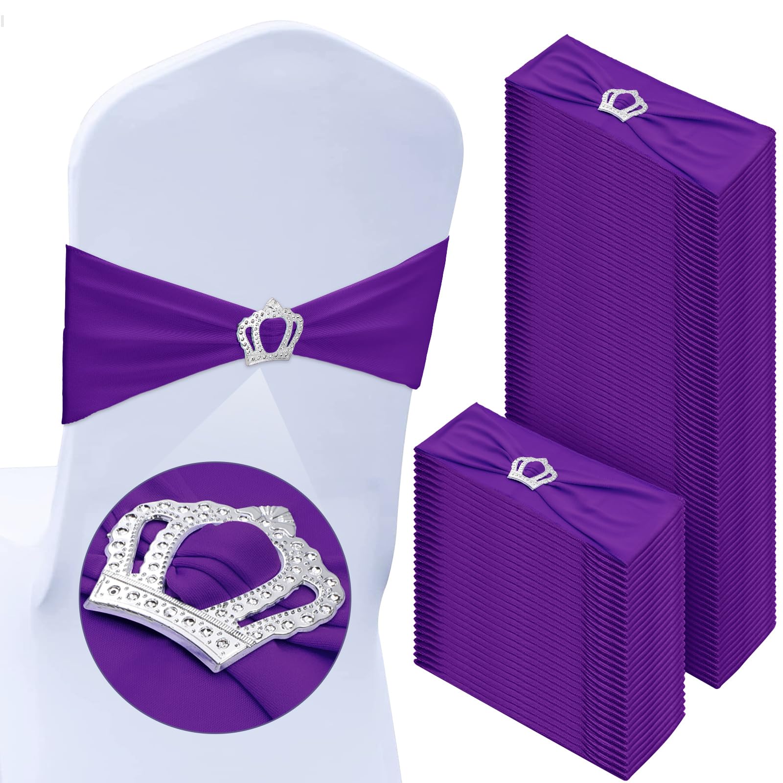 Photo 1 of 100 Pcs Spandex Chair Sashes with Crown Buckle Slider Stretch Chair Bands Cover Ties for Wedding, Banquet, Gala, Corporate Event, Birthday Party, Baby Shower(Dark Purple)
