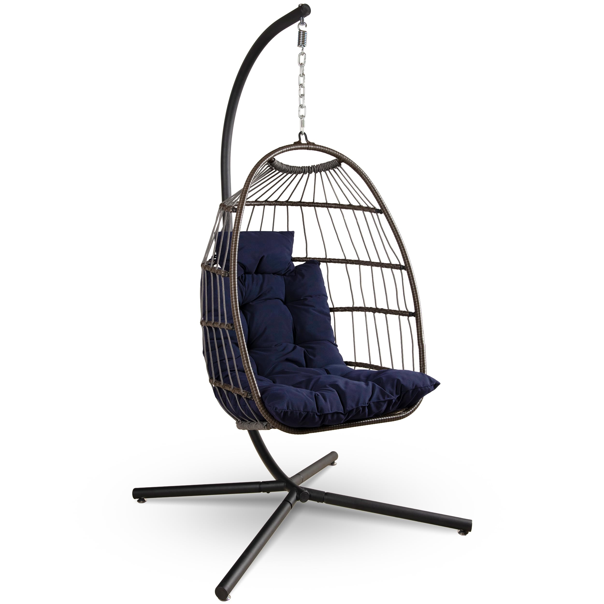 Photo 1 of **ONLY THE SWING/MISSING STAND AND CHAIN***SereneLife Foldable Hanging Egg Swing – Deep Blue Rattan Wicker Chair with Stand, Waterproof Seat Cushion & Headrest, 350 lbs. Capacity – Indoor Outdoor Hammock Chair for Patio, Porch & Garden