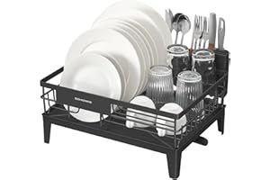 SONGMICS Dish Drying Rack, Kitchen Dish Rack, with Drainboard, 360° Rotatable and Extendable Spout, with Cutlery Holder, 31 x