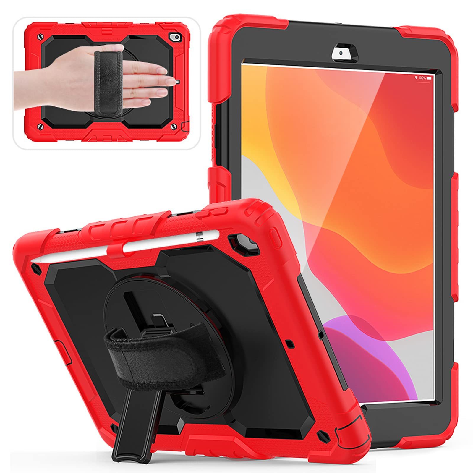 HUEZOE Case Compatible with iPad 10.2 Inch, 2021/2020/2019 Model, Full Body Shockproof Protective Cover with 360 Degree Rotating Stand Hand Strap Shoulder Strap for iPad 9/8/7 Generation, Red