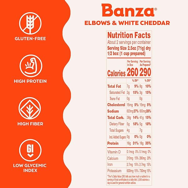 BANZA ELBOWS & WHITE CHEDDAR MAC AND CHEESE – HIGH PROTEIN, GLUTEN FREE, AND LOWER CARB PROTEIN MAC AND CHEESE – 5.5OZ