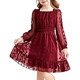 Arshiner Girls Dresses Long Sleeve Square Neck Swiss Dot Flowy Casual Party Dress