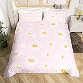 White Daisy Kids Duvet Cover Set Twin Size,Flowers Plants Rustic Farmhouse Bedding Set,Girls Boys Adults Room Decor,Botanical Florals Theme Comforter Cover,Pink Romantic Quilt Cover,1 Pillowcase