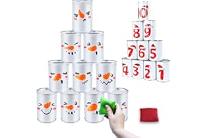 JEYEOU Bean Bag Toss Game Throwing Knockdown Can Game Snowman Face Santa Hat Patterns with 10 Cans 2 Sandbags for Kids Carnival Festive Holiday Family Party Supplies Garden Yard Lawn Indoor Outdoor