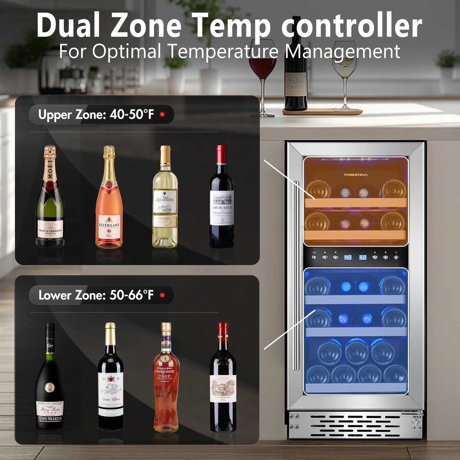Phiestina Wine Fridge, 15 Inch Small Wine Cooler Refrigerator 31 Bottles Dual Zones Under Counter Temperature Control Built-in/Freestanding