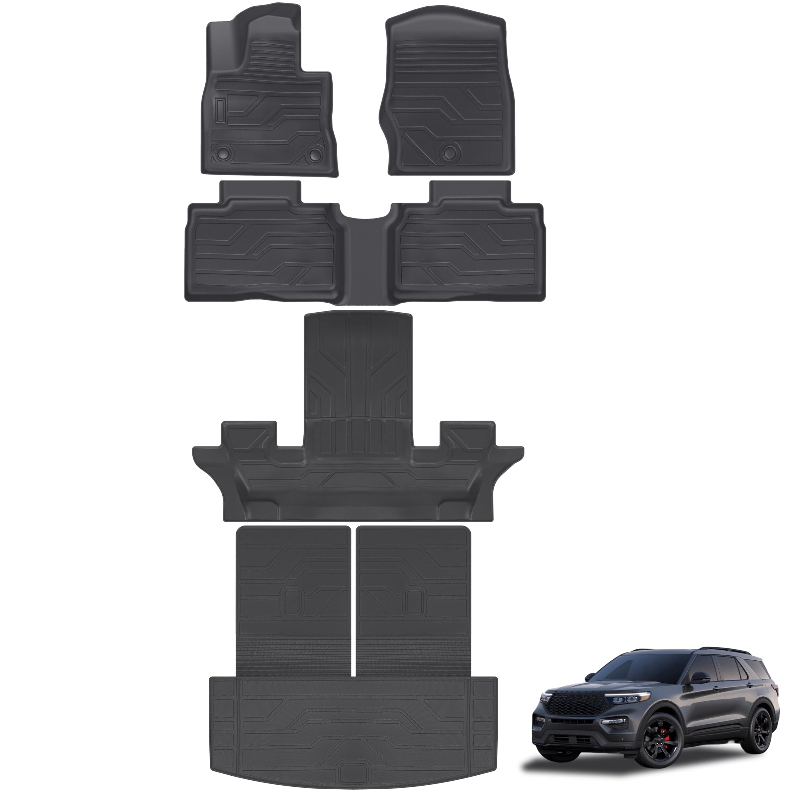 KARPAL Floor Mats for 2020-2026 Ford Explorer 6 & 7 Seats, Custom Fit TPE All Weather Ford Explorer Accessories 1st & 2nd & 3th Row Floor Liner & Trunk Mat with Backrest Mat Image