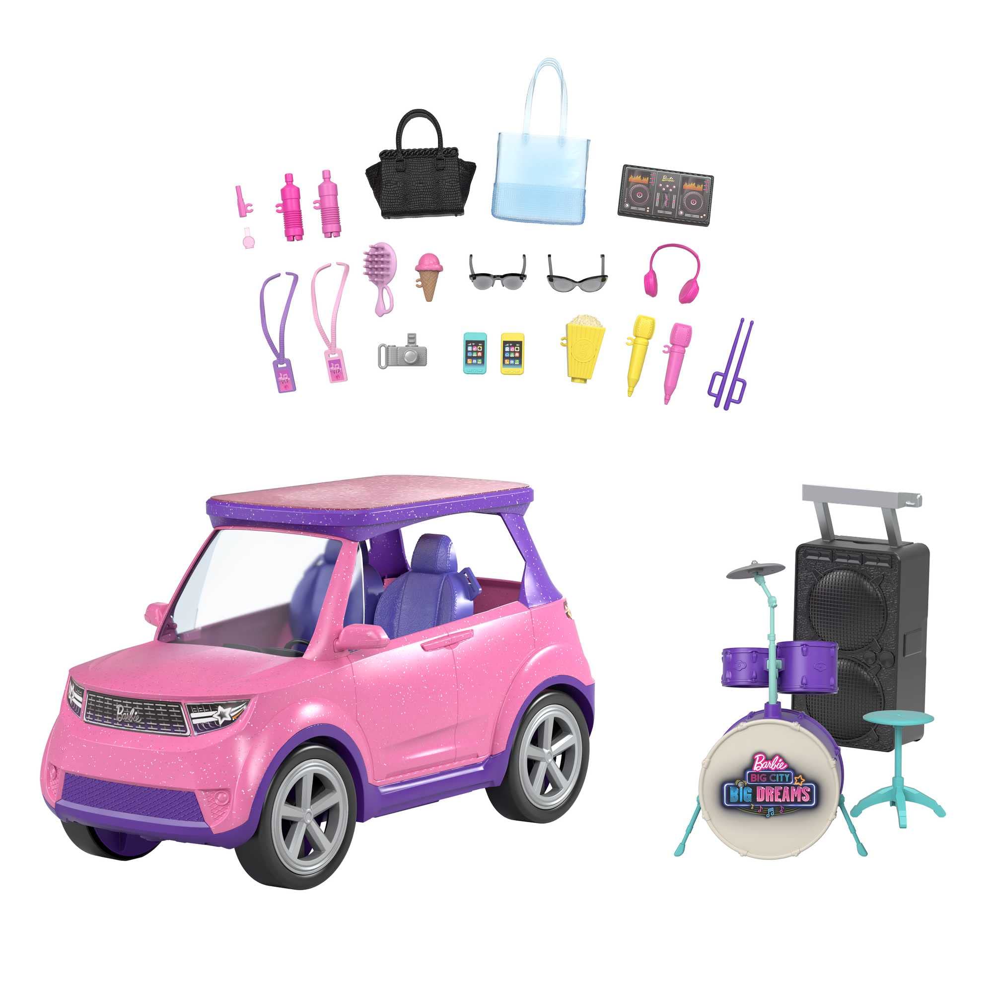 Barbie: Big City, Big Dreams Transforming Vehicle Playset, Pink 2-Seater SUV Reveals Stage, Drum Set & Concert-Themed Accessories, Gift for 3 to 7 Year Olds, GYJ25