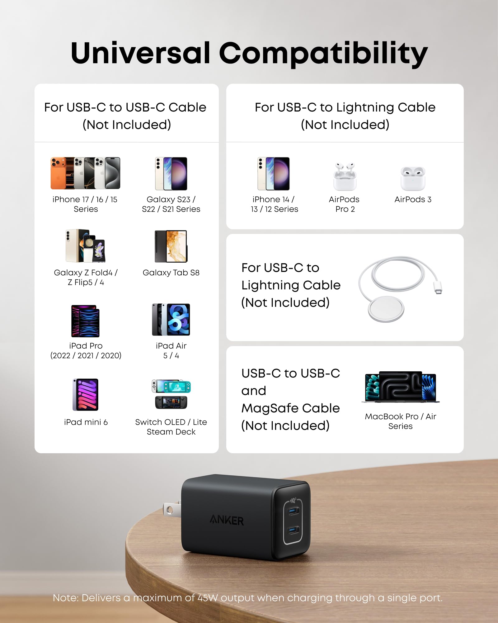 Anker Nano 47W USB C Charger, 2 Port Compact Foldable GaN Charger for iPhone 17 / 16, Galaxy, Pixel, Compatible with MagSafe (Black)