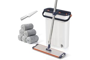 ZJSYJJ Mop and Bucket Set with Wringer for Home, 360° Flat Squeeze Mop with Long Handle and 6 Microfiber Cloths for Floor Cleaning (White+Blue, Slim Bucket and 15.7'' Aluminum Alloy Mop Head)