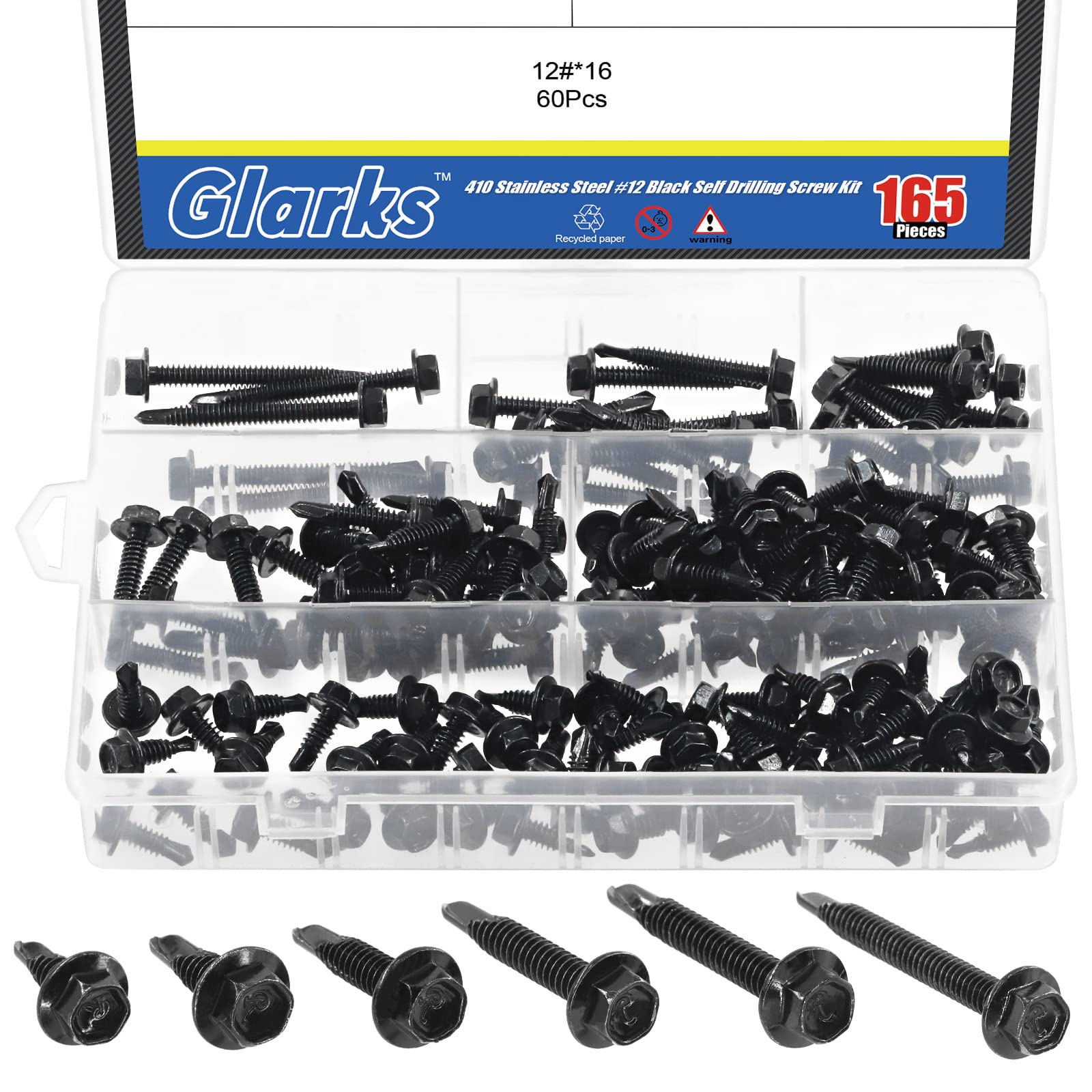 Glarks 165Pcs 410 Stainless Steel #12 Hex Washer Head Self Drilling Screws Assortment Kit 6 Size Black #12x5/8", 12x3/4", 12x1", 12x1-1/4", 12x1-1/2", 12x2" Sheet Metal Screws with Drill Point