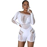 KIZOIEJE Women's Sexy Long Sleeve See Through Hollow Out Sheer Ultra Stretchy Mesh Bodysuit