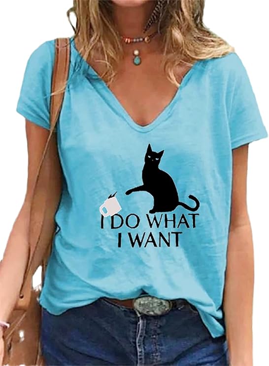 Women's Cat Print TShirts Summer Cute Animals Graphic Print VNeck
