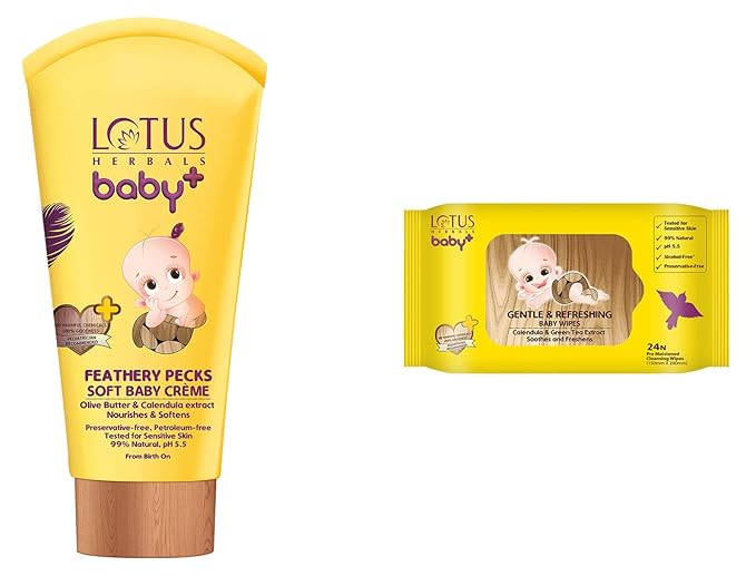 Lotus Herbals Baby+ Feathery Pecks Soft Baby Crme, 50g and Refreshing Baby Wipes, Yellow (24 Count)