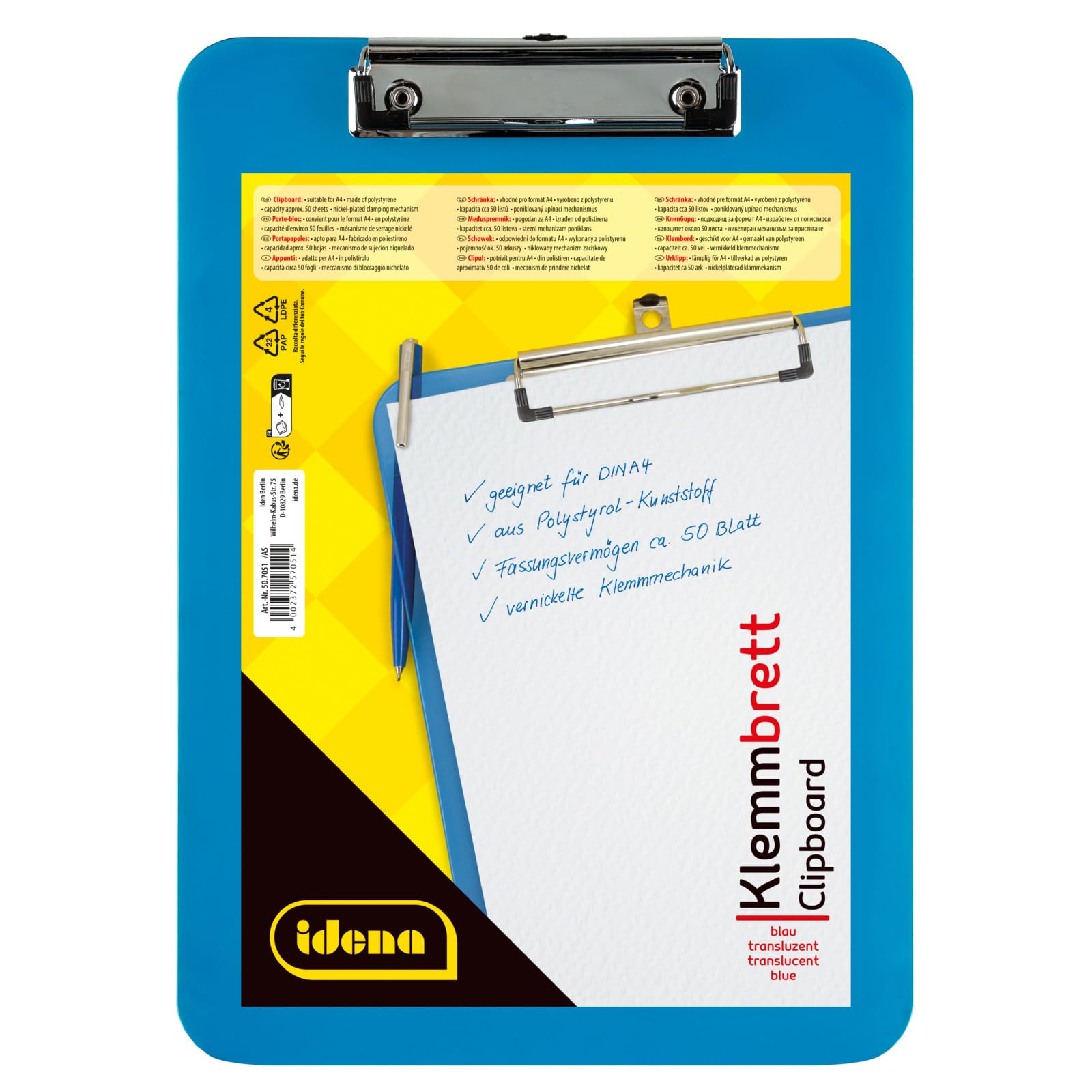 IDENA 507051 clipboard for DIN A4 Size Sheets, Nickel-Plated Clip, Colour: Translucent Blue