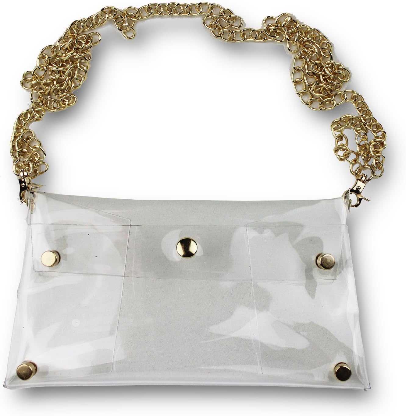 Clear See Through Cross-Body Clutch Handbag w Gold Chain Strap Bag NFL NHL PGA Gym Travel Security Concerts, Stadium Approved Purse