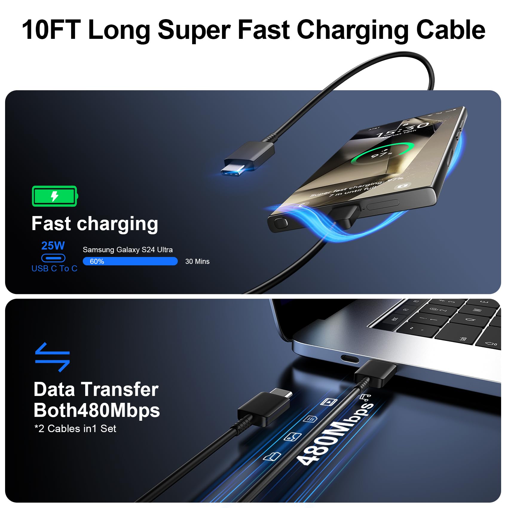 45W Samsung Super Fast Charger USB C, Type C Chargers Fast Charging Android Phone Charger Samsung Galaxy S25 Ultra Chargers 10FT Fast Charging Cord for Samsung Galaxy S25 Ultra/S25/S24/S23/S22, 2Port