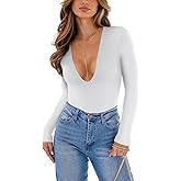 REORIA Women's Trendy Sexy Plunge Deep V Neck Long Sleeve Bodysuit Double Lined Going Out T Shirt Tops