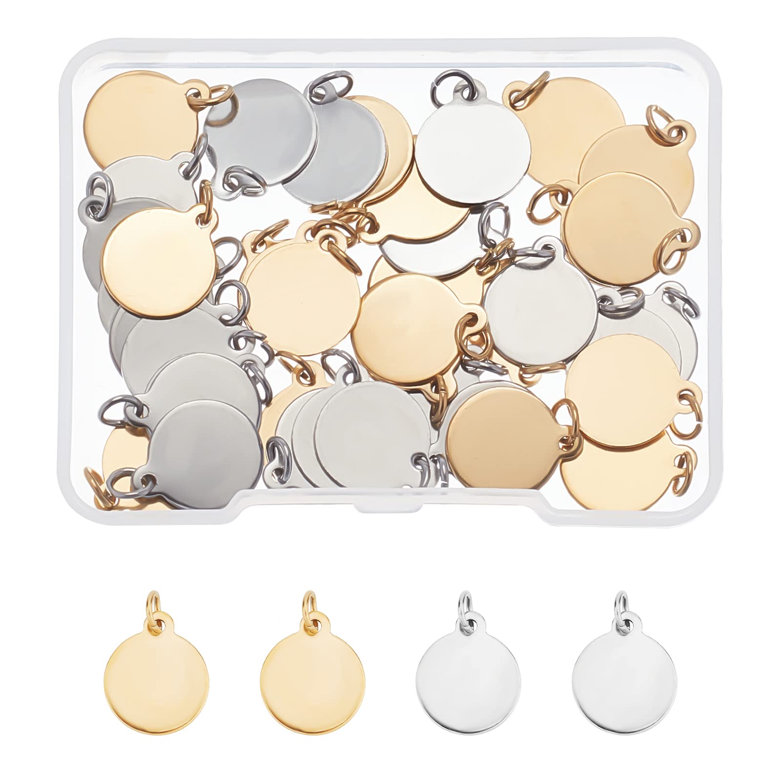 SUPERFINDINGS 40Pcs 2 Color Blank Stamping Message Word Tag Pendants 14.5x12mm 304 Stainless Steel Flat Round Charms with Jump Rings Golden Stainless Steel Color Stamping Tag Charms