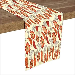 Orange Red Peach Table Runner Cotton Linen Placemat,Red Poppy Flowers in Retro Style and Leaves Artistic Flourish Paisley Pattern 13 by 90 inch Table Runner Decor for Home Kitchen Dining Wedding Party