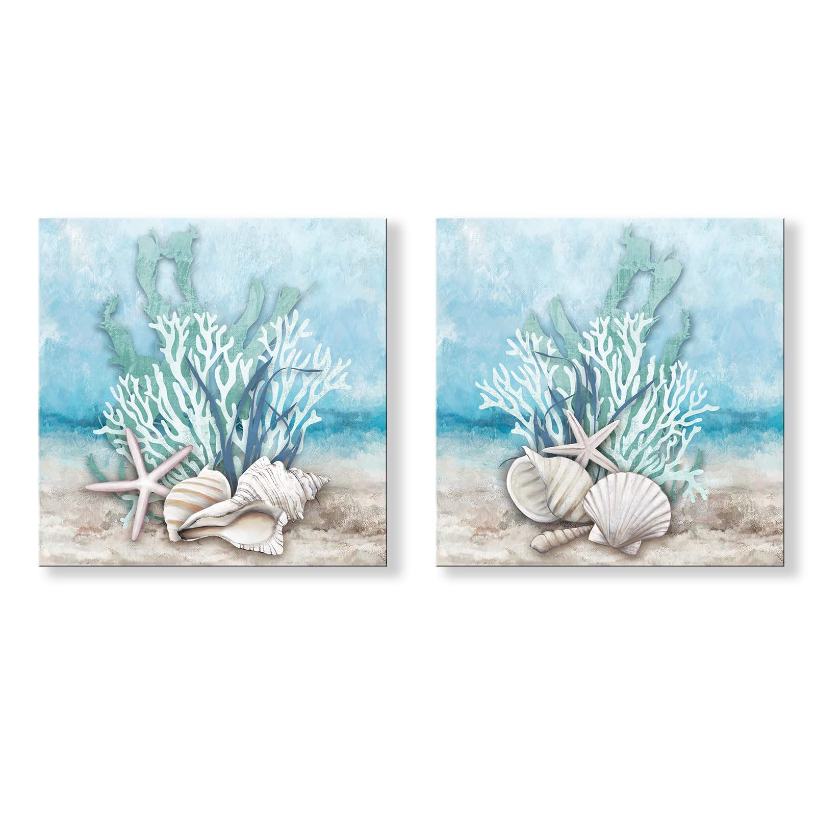 Photo 1 of iHAPPYWALL 2 Pieces Ocean Theme Canvas Wall Art Coastal Shell Starfish Coral Conch Picture for Bathroom Kitchen Living Room Ready to Hang 12x12inchx2pcs