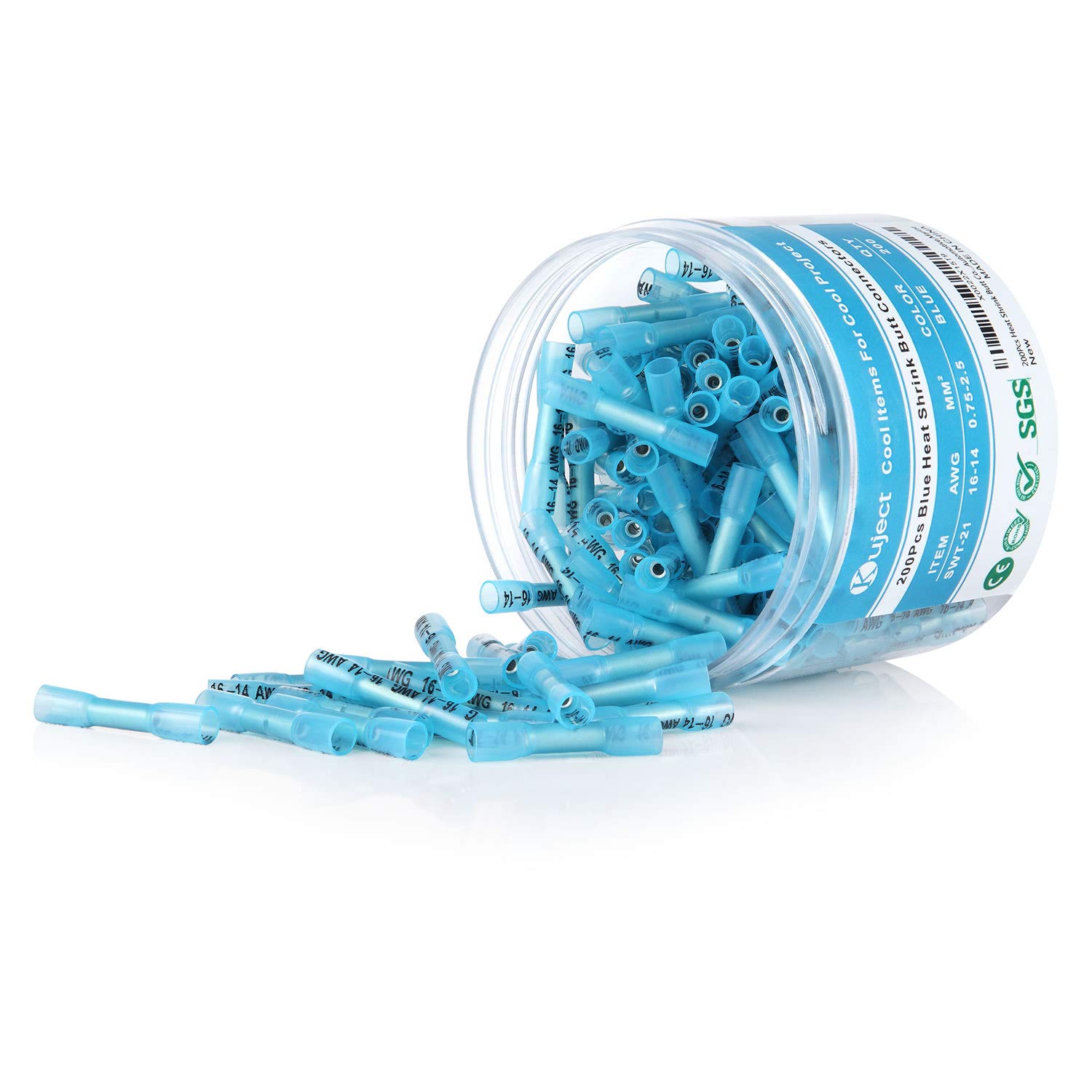 Kuject 200Pcs Heat Shrink Butt Connectors 16-14 AWG, Crimp Electrical Wire Connectors, Insulated Waterproof Butt Splice Terminal for Automotive, Marine, Audio