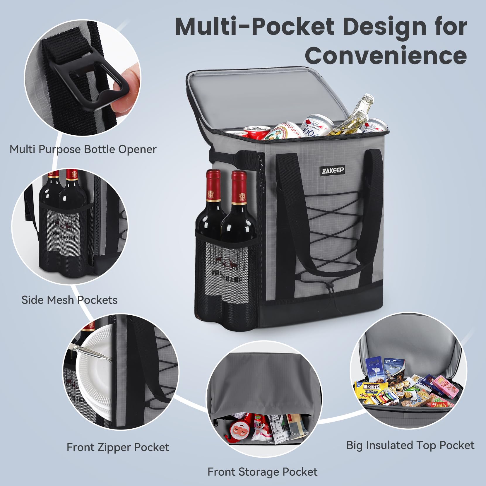 ZAKEEP Cooler Backpack, 36 Cans Multifunctional Leakproof Cooler Backpack with Padded Top Handle, Mesh Pocket for Camping BBQ