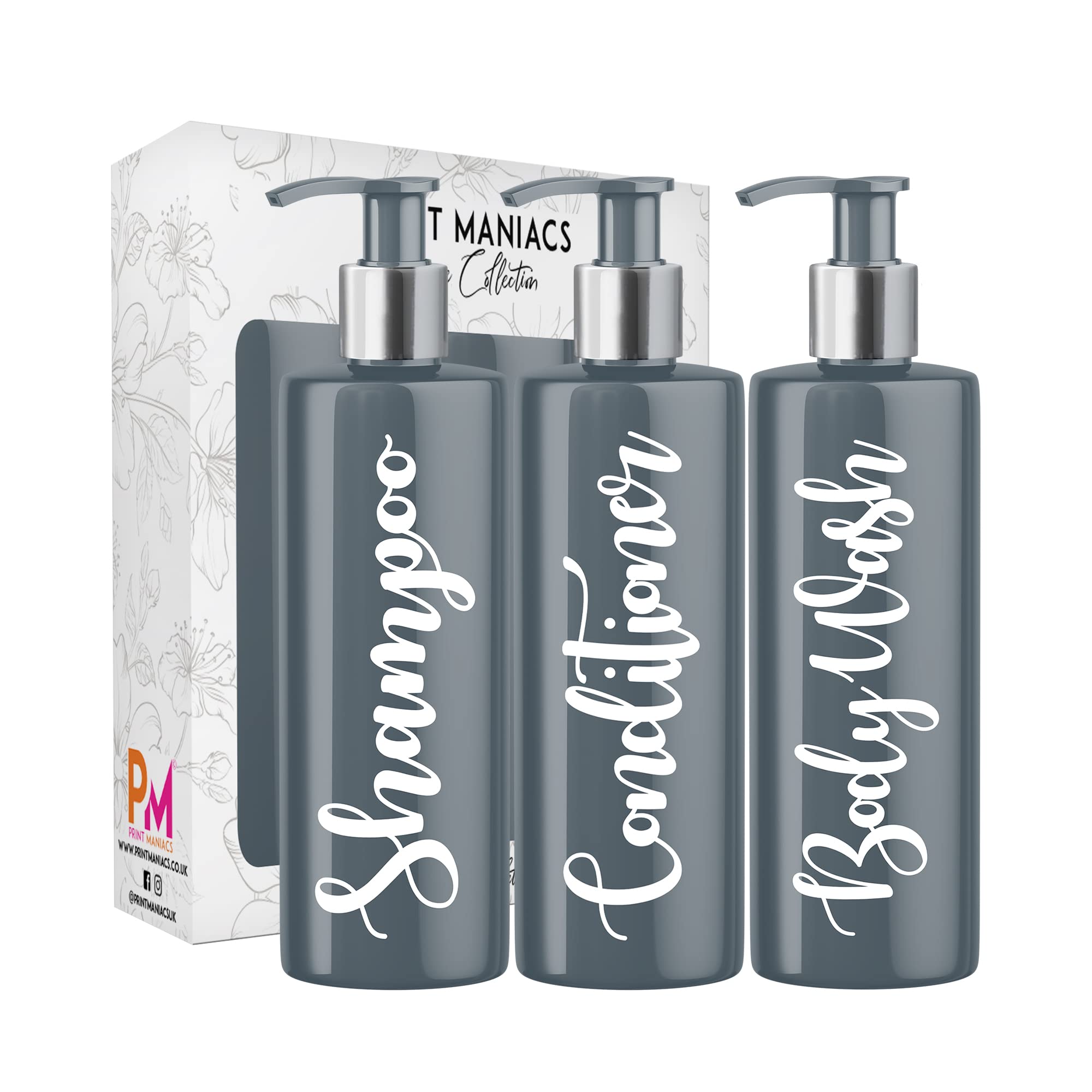 Print Maniacs 3 Set Mrs Hinch Inspired Grey Personalised 500ml Dispenser Pump Bottles Shampoo Conditioner Body Wash (White)