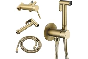 BARROCK Warm Water Bidet Faucet with Hot and Cold Brass Valve, Stainless Steel Round Handheld Toilet Bidet Sprayer Set for Feminine, Pets and Baby Diaper Washing, Brushed Gold