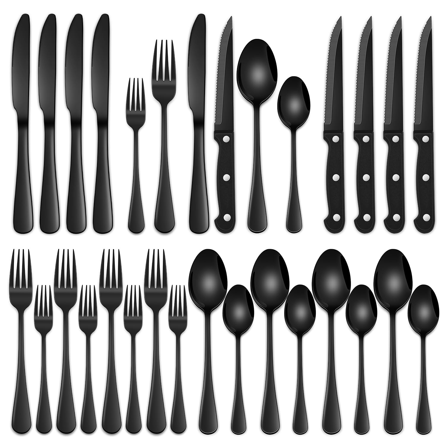 Photo 1 of 24-Piece Black Silverware Set with Steak Knives, Black Flatware Set for 4, Food-Grade Stainless Steel Tableware Cutlery Set, Mirror Finished Knife Spoon And Fork Sets for Home Restaurant