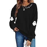 Halloween Sweatshirts Women Spooky Season Shirt Funny Ghost Graphic Halloween Shirts Long Sleeve Pullover Tops Black