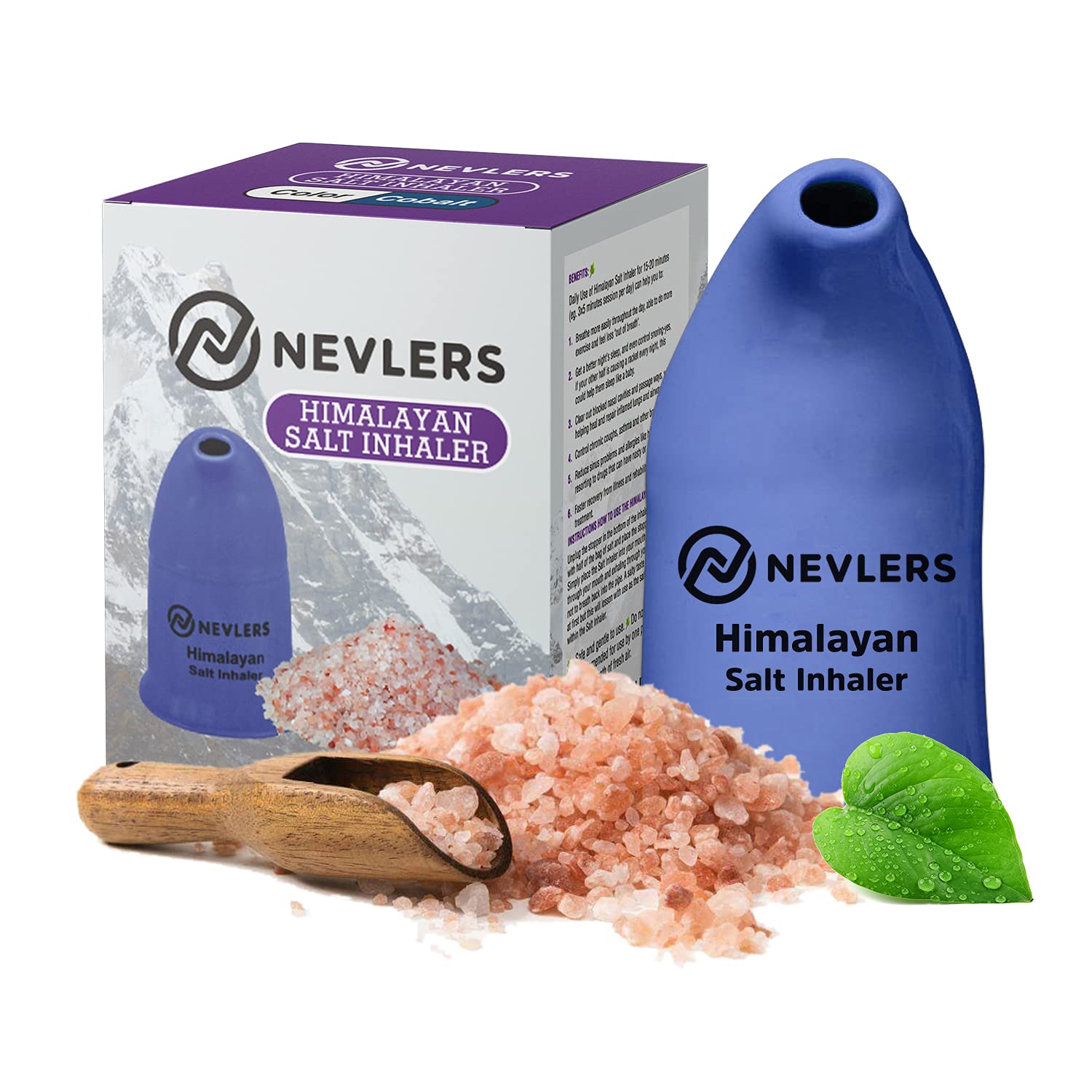 Nevlers Himalayan Salt Inhaler w/ 6 Oz Coarse Organic Himalayan Pink Salt |Cobalt Blue Ceramic Portable Salt Inhalers for Natural Asthma Relief |Homeopathic Inhalers for Breathing Problems for Adults